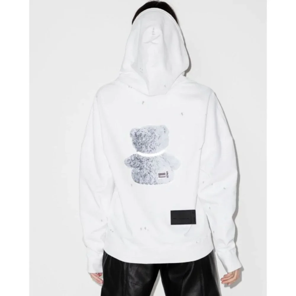 NWT $850 WE11DONE WHITE HOODIE PEARL NECKLACE TEDDY REFLECTIVE US SZ MEDIUM - Picture 5 of 10